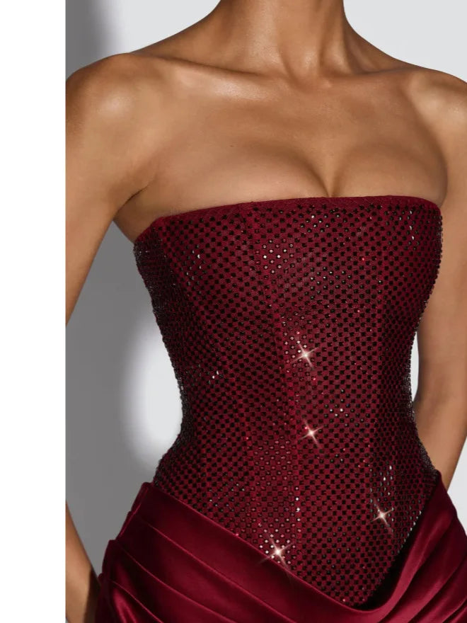 Suninheart Luxury Elegant Strapless Dress Corset Vestidos Sexy Red Satin Draped Dress Mini Women Wedding Cocktail Party Dresses