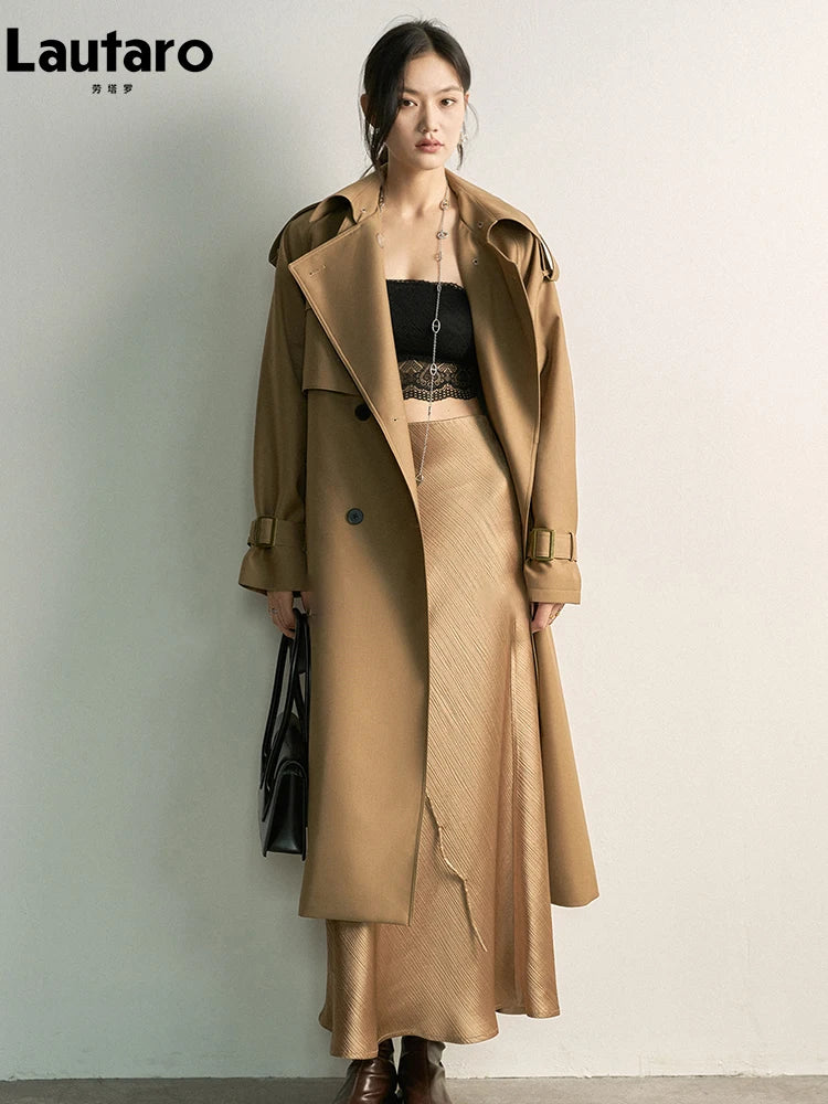Lautaro Spring Autumn Khaki Long Trench Coat for Women Double Breasted Elegant Luxury Chic British Style Fashion Overcoat 2026