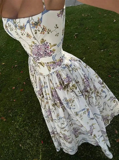 Chic Flower Print A-line Maxi Dress Women Elegant High Waist Strapless Backless Slim Vestidos Lady Summer Vacation Robes LIX8