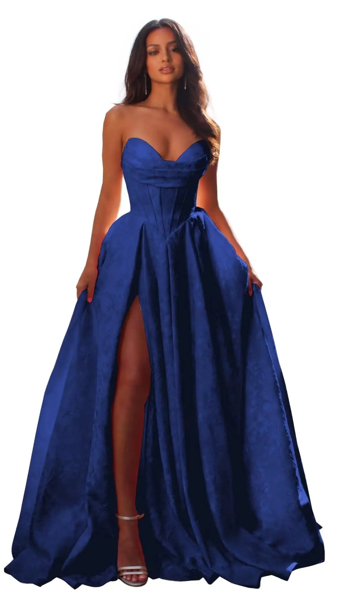 Women Elegant Jacquard Satin Prom Dresses with Slit Strapless Corset A Line Long Formal Gowns Evening Gowns Party Dresses