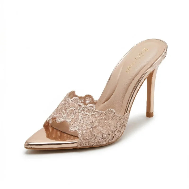 High heeled sandals for women to wear outside, summer lace high heels for women, sexy black slim heeled one-piece slippers