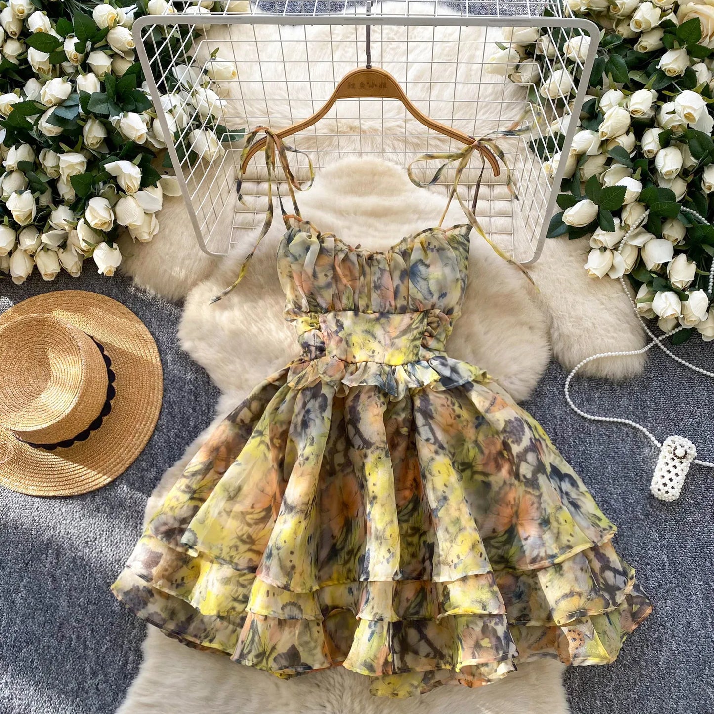 SINGREINY Holiday Print Flowy Birthday Dress Women Strap Butterfly Vacation Cake Sundress Organza Luxury Party Short Dress