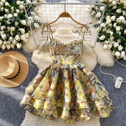SINGREINY Holiday Print Flowy Birthday Dress Women Strap Butterfly Vacation Cake Sundress Organza Luxury Party Short Dress