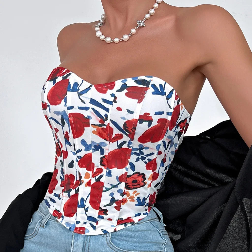 Women Floral Top Sexy Spicy Girl Tank Top Low cut Open Back Flower Wrapped Chest Diamond Fish Bone Strap Waist Vest Tank Top Y2K