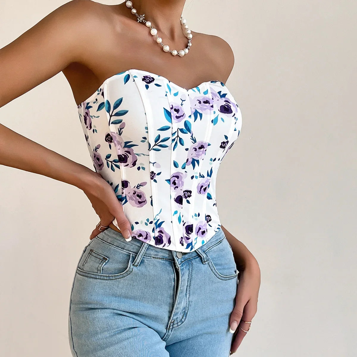Women Floral Top Sexy Spicy Girl Tank Top Low cut Open Back Flower Wrapped Chest Diamond Fish Bone Strap Waist Vest Tank Top Y2K
