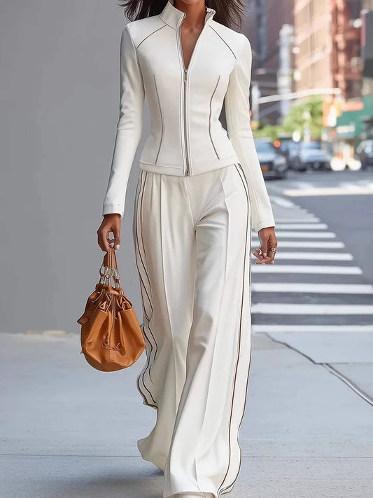 New Women's Half High Collar Long Sleeve Pullover Top And Wide Leg Pants Set Autumn Winter Patchwork Simple Outfit Two-Piece Set
