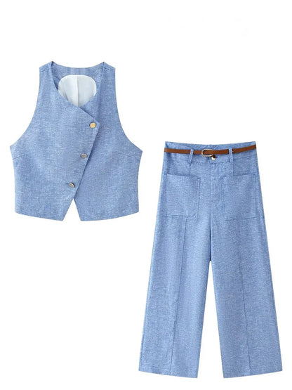 HH Women Elegant Flax 2-piece Suit Sleeveless Button Decoration Solid Vest+Summer Pocket Loose Belt Zipper Wide Leg Pants