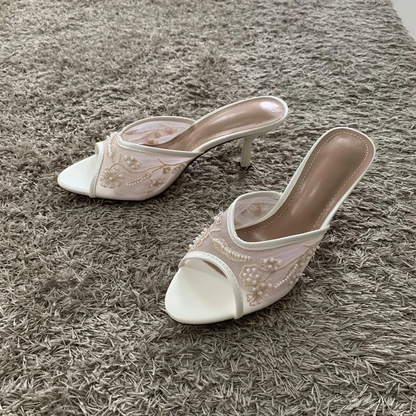 2026 String Bead Mesh Embroider Slingback High Heels Women Sexy Peep Toe Heeled Sandals Summer Elegant Luxury Designer Shoes