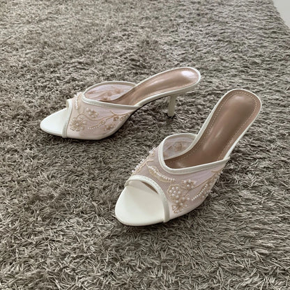 2026 String Bead Mesh Embroider Slingback High Heels Women Sexy Peep Toe Heeled Sandals Summer Elegant Luxury Designer Shoes