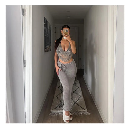 Women Metal Chain Tassel Tank Top Sexy Deep V Neck Backless Hollow Out See Through Crop Top Body Chain Party Club Camisole