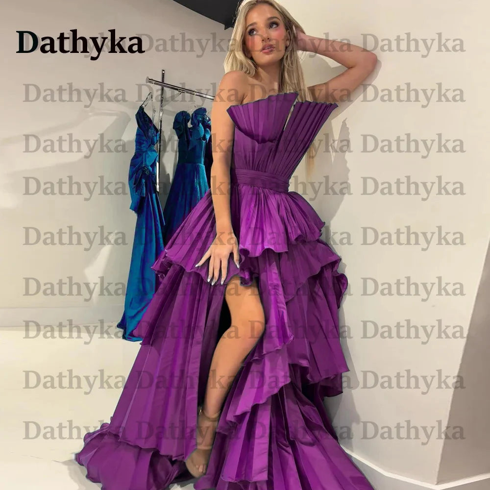 Dathyka Pleats Prom Dress Satin A Line Evening Dress High Slit Tiered Party Dress For Women Strapless Robe De Mariee Customised