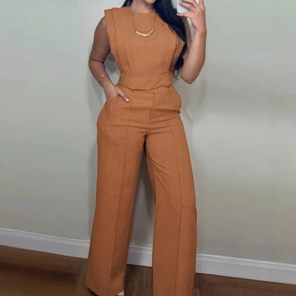 Fashion Solid 2 Piece Set For Women Casual Sleeveless O Neck Short Tops+High Waist Wide Leg Pants Sets High Street Clothes New