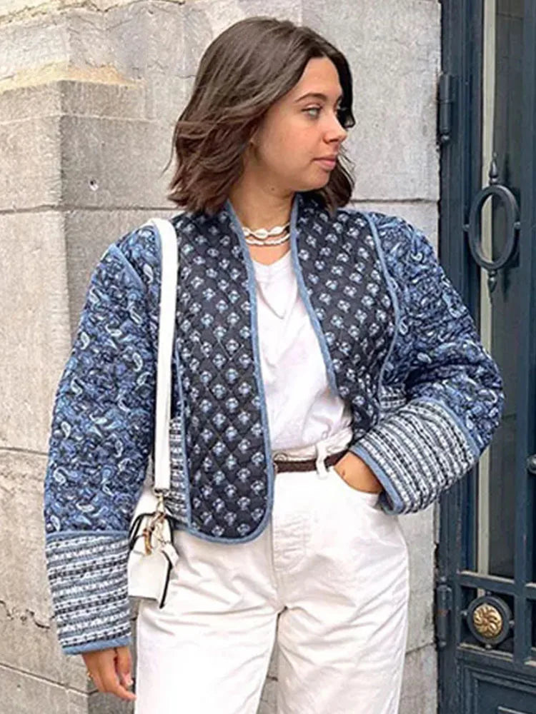 HH Floral Print Jacket For Women Autumn Quilted Reversible Cotton Coat Cardigan Long Sleeve Jackets Elegant Woman Streetwear