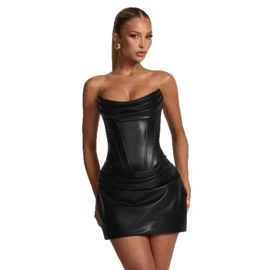 Suninheart Pu Faux Leather Party Dress Women 2025 Strapless Bodycon Mini Dress Elegant Lace Up Ruched Dress for Wedding Events