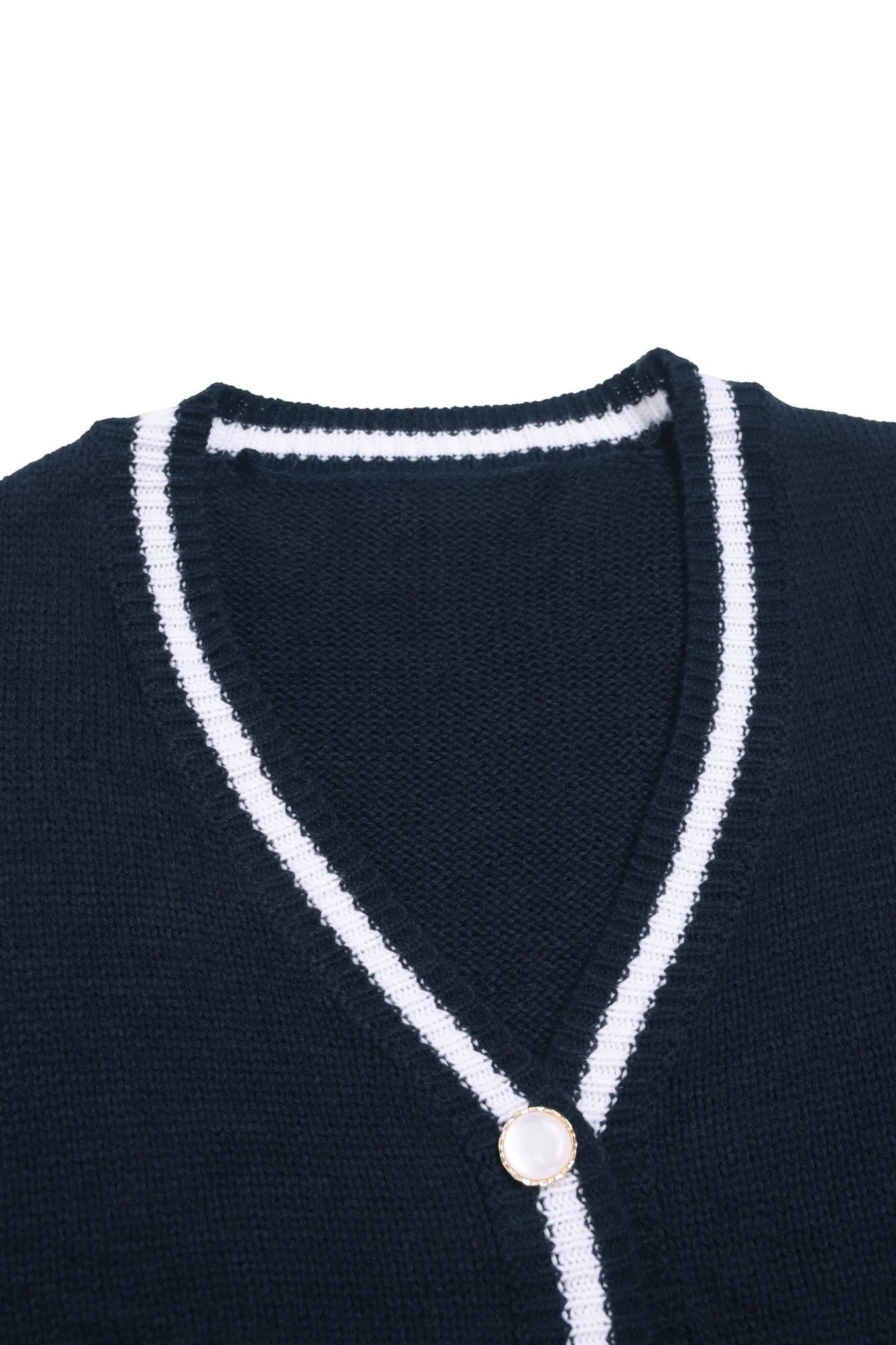 Women's Two-Piece Knit Set Contrast Trim Cardigan & Wide-Leg Pants Casual Loungewear (White/Navy Blue)