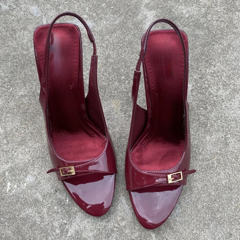 Sexy Red Patent Leather High Heels Women Summer Luxury Designer Metal Buckle Belt Back Strap Designer Sandals Sandalias Mujer