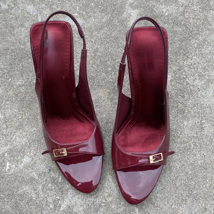 Sexy Red Patent Leather High Heels Women Summer Luxury Designer Metal Buckle Belt Back Strap Designer Sandals Sandalias Mujer