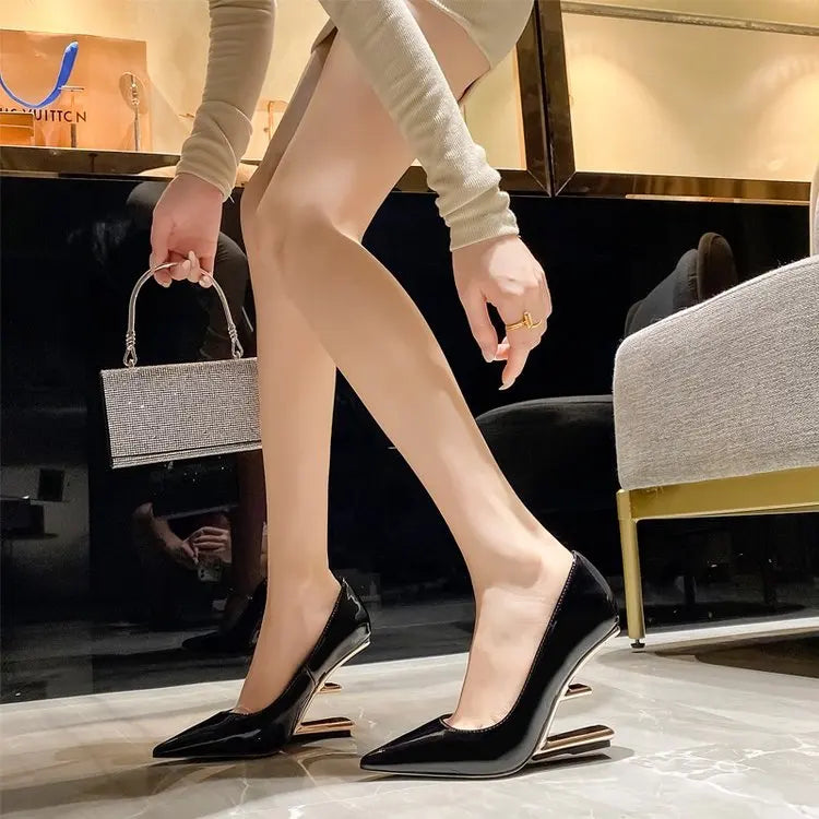 2025 New Women Pumps Pointed Toe High Heels Ladies Letter Strange Heel Wedges Runway Party Wedding Dress Valentine Shoes