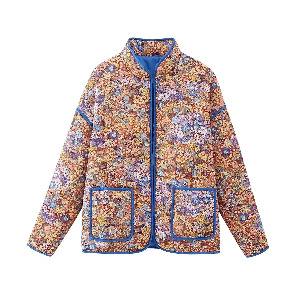 HH Floral Print Jacket For Women Autumn Quilted Reversible Cotton Coat Cardigan Long Sleeve Jackets Elegant Woman Streetwear