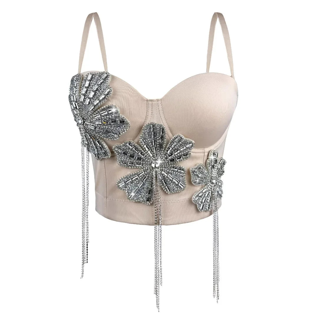 Fashion Women Diamonds Embroidery Flowers Tassel Bustier Corset Crop Tops To Wear suspender vest
