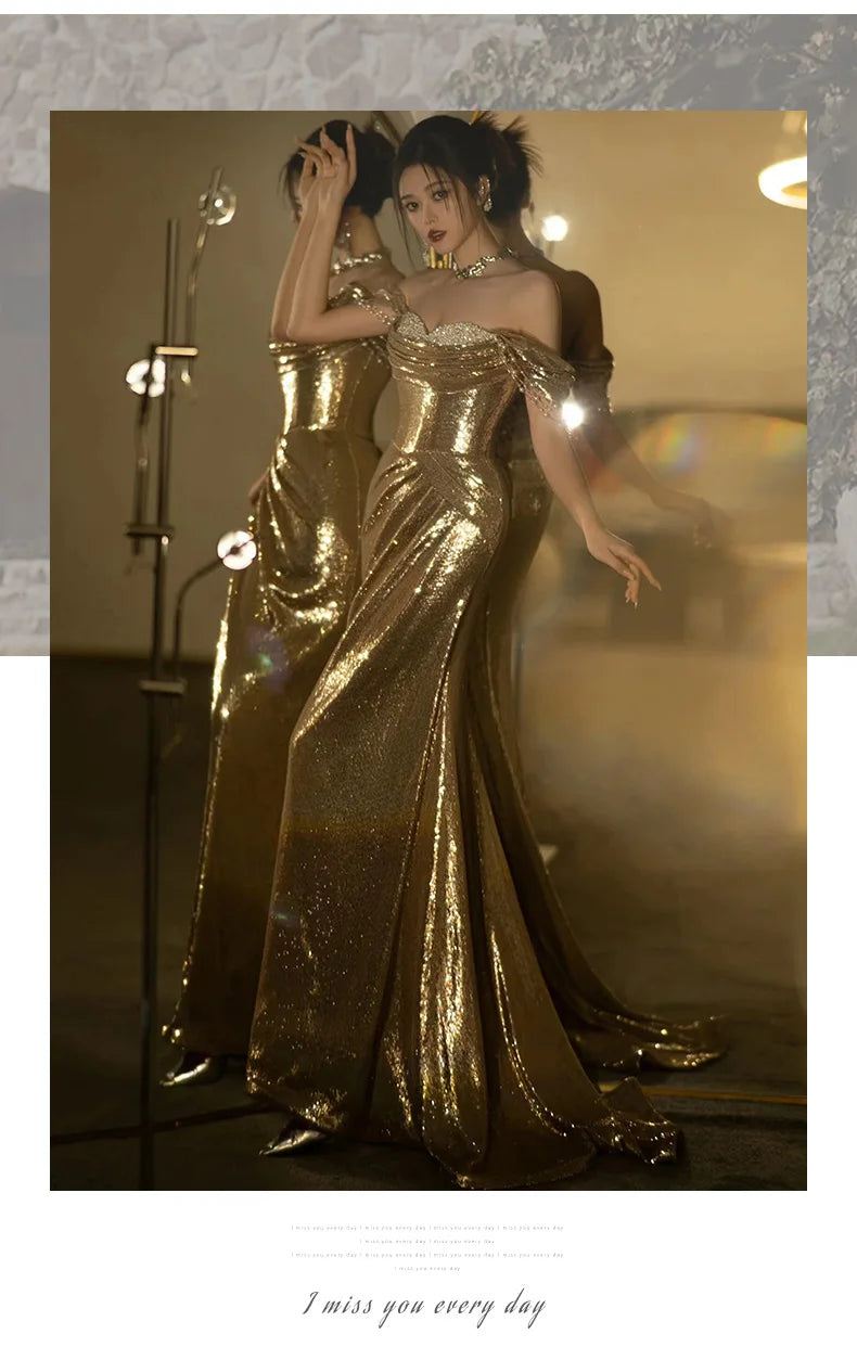 Mauroicardi Spring Autumn Praty Evening Dresses Woman Off Shoulder Backless Elegant Chic Luxury Floor Length Gold Sequin Clothes
