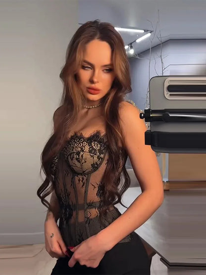 Transparent Lace Fishbone Lace Up Tube Tops Women Sexy Strapless Sleeveless Backless Hollow Out Sheath Top Spring Lady Clubwear