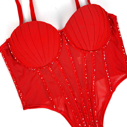 Sexy Mesh Design Camisole Vest Style Ladies Corset Tops with Chest Cushion Sparkling Diamond Decoration Fishbone Lingerie Tops