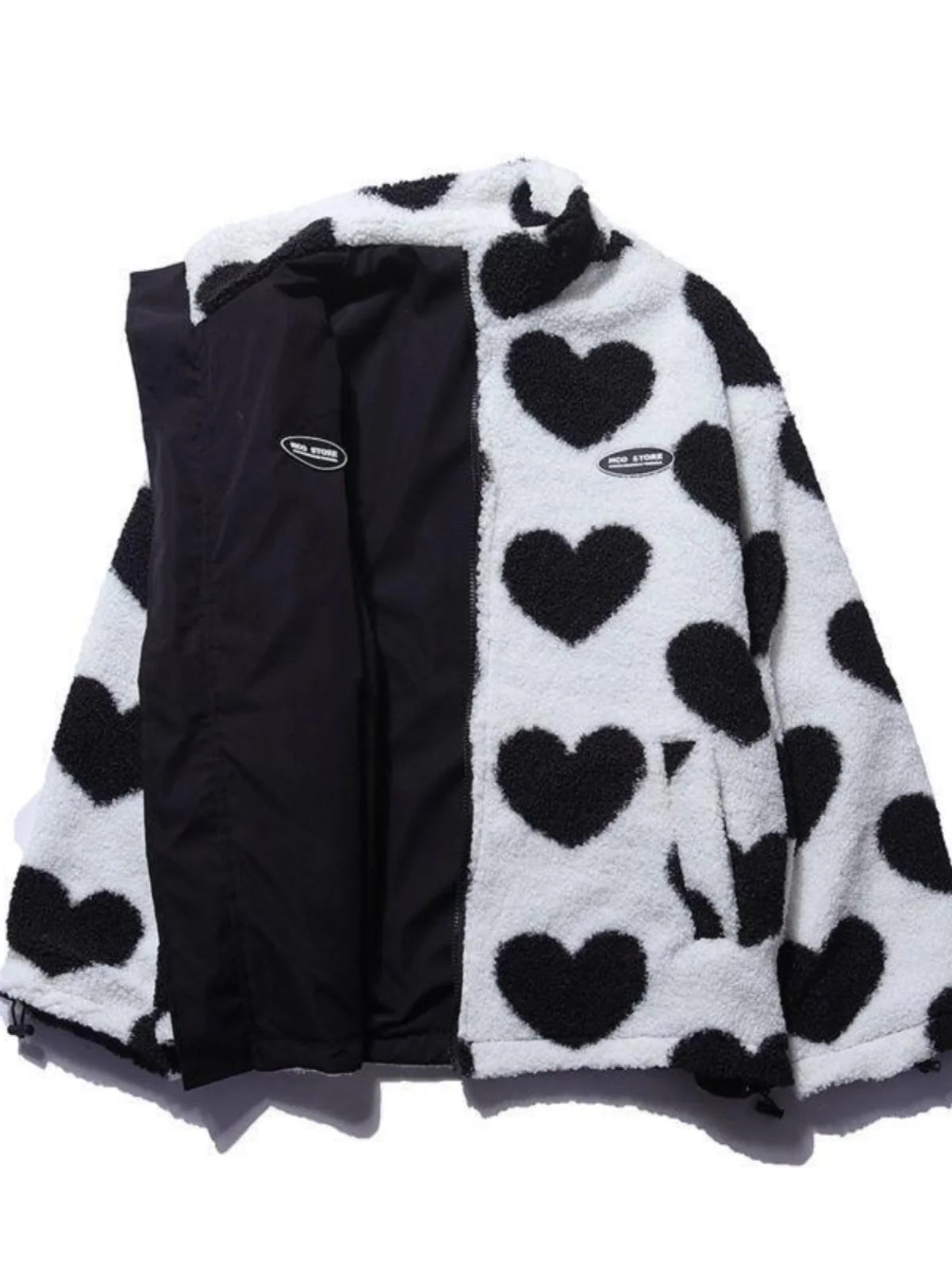 Double-Sided Wear Thickened Lamb Fur Heart Pattern Cotton Jacket Couple's Two-Way Wear Casual Warm Zipper Closure Long Sleeve...