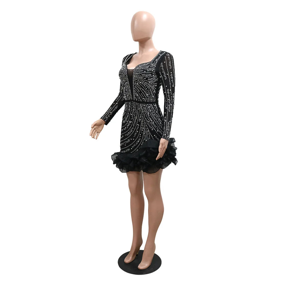 CM.YAYA Spring Women Long Sleeve Ruffles Hot Drilling Bead Short Dress Sexy Night Club Evening Birthday Mini Dresses Vestidos