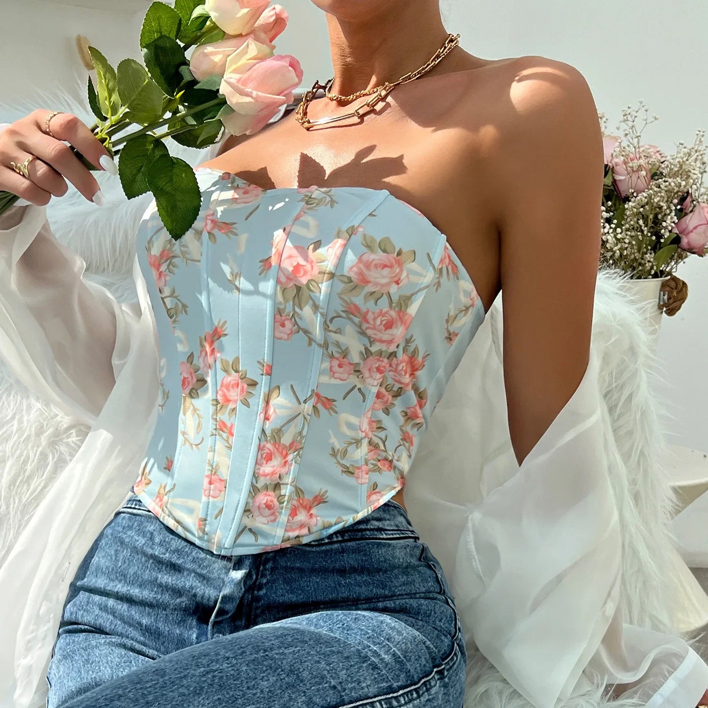 Women Floral Top Sexy Spicy Girl Tank Top Low cut Open Back Flower Wrapped Chest Diamond Fish Bone Strap Waist Vest Tank Top Y2K