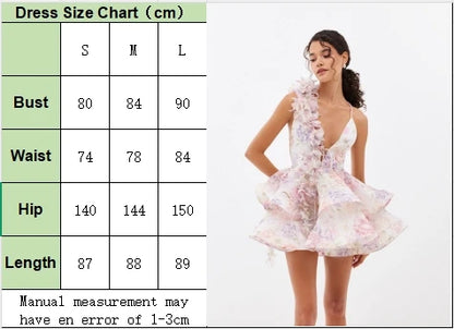 FSMG Sweet Pink 3D Flower Ruffles Mini Camisole Dress Fashion Sexy V Neck Sleeveless Backless Short Skirt Evening Party Vestidos