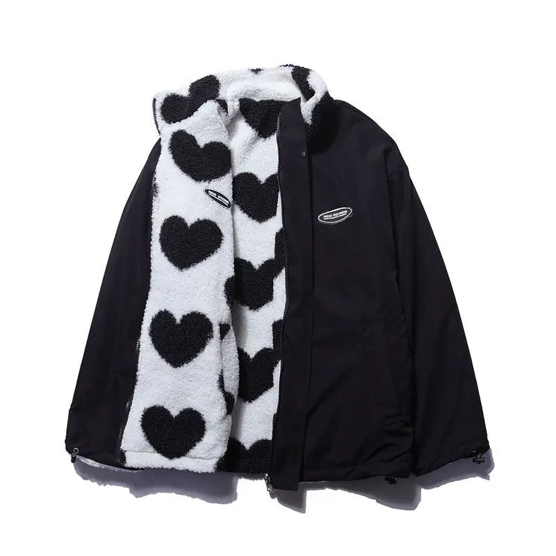 Double-Sided Wear Thickened Lamb Fur Heart Pattern Cotton Jacket Couple's Two-Way Wear Casual Warm Zipper Closure Long Sleeve...