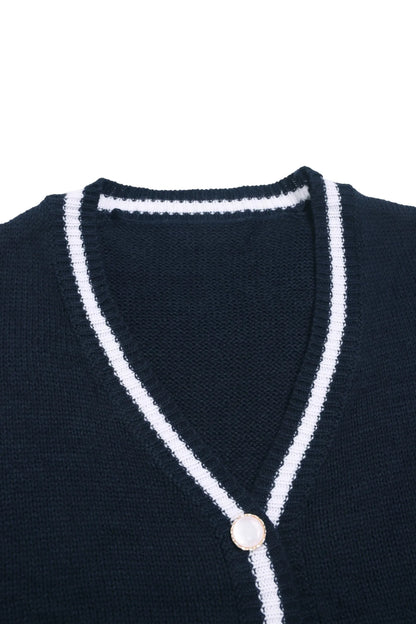Women's Two-Piece Knit Set Contrast Trim Cardigan & Wide-Leg Pants Casual Loungewear (White/Navy Blue)