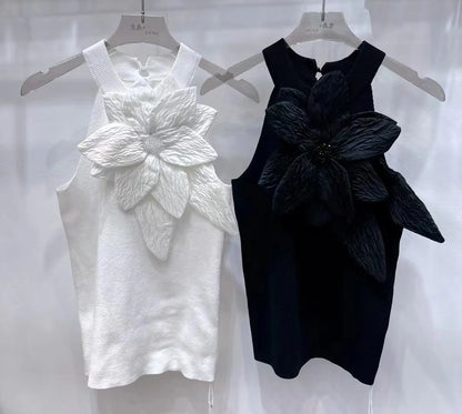Black White 3D Diamonds Flower Stitch Sleeveless Knitted Top Slim Fit Halter Vest 2025 Sring Summer Knitwear Sexy Crop Tank Top
