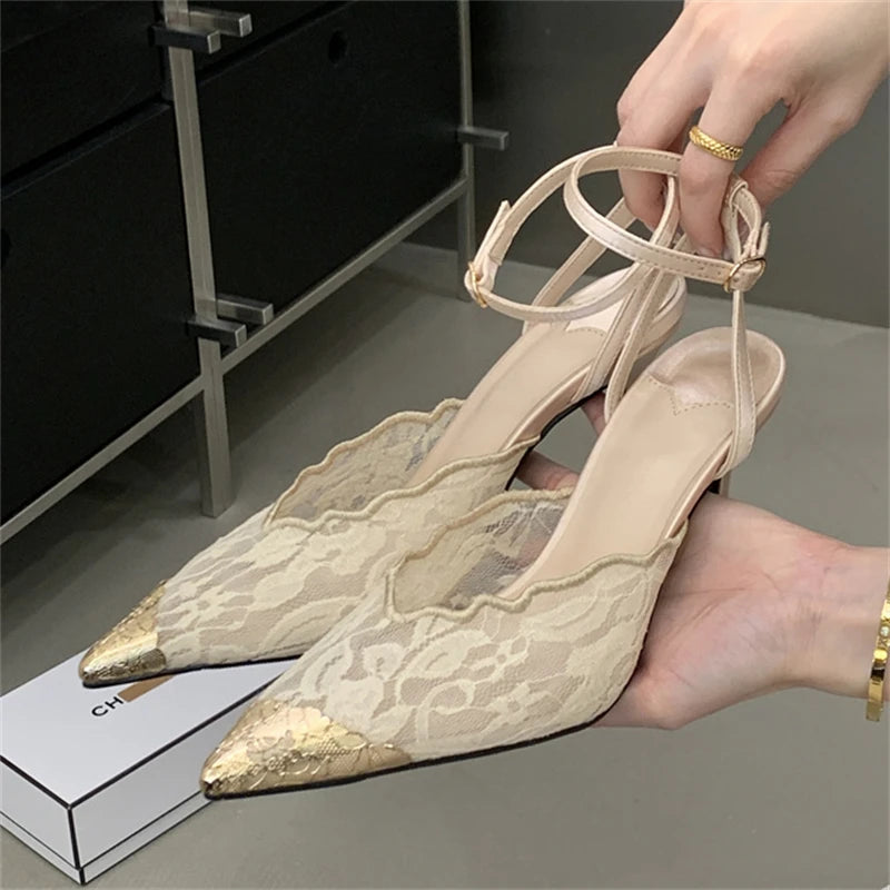 Eilyken New Design Breathable Mesh Thin High Heels Woman Pumps Elegant Pointed Toe Buckle Strap Party Prom Mule Shoes