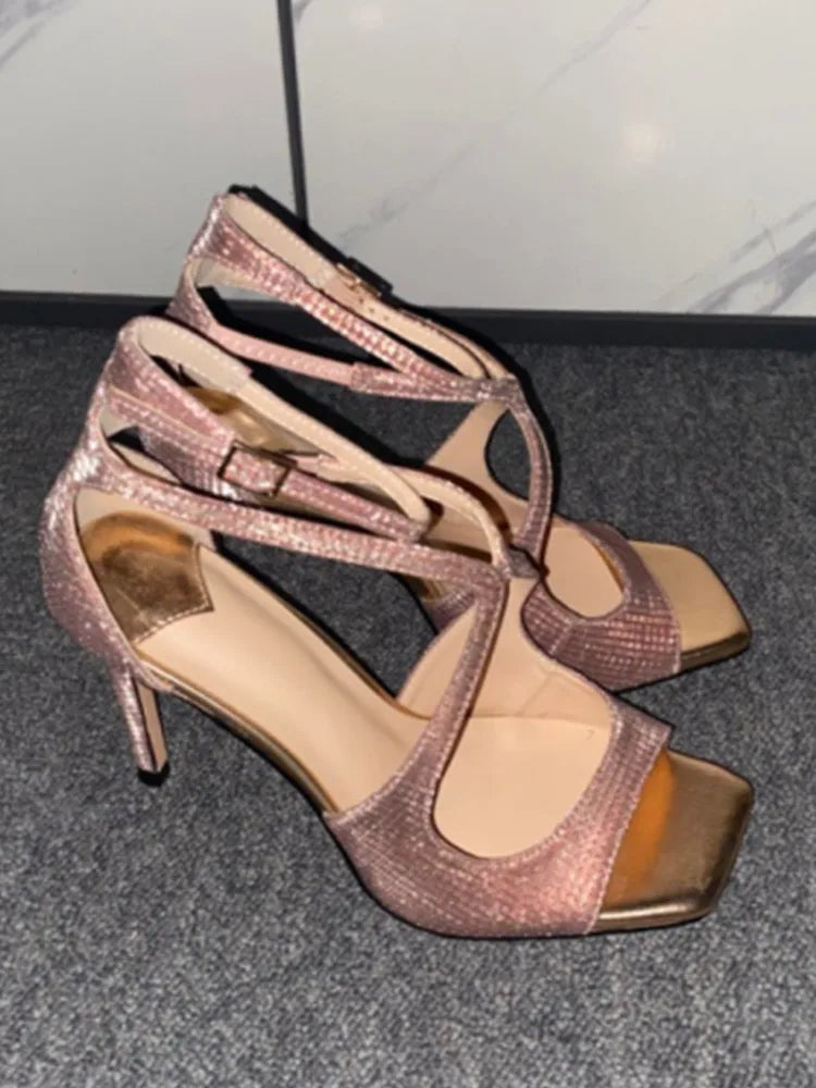 2026Ladies' Summer New Fashionable High-heeled Open Toed Sandals Square Toe Party Sexy 34-43Large Women's Shoes