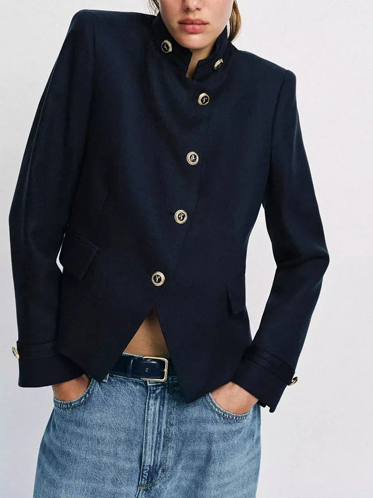 Spring New Arrival Women's Slim Fit Long Sleeve Stand Collar Jacket Gold Button Casual Style Standard Version Outerwear
