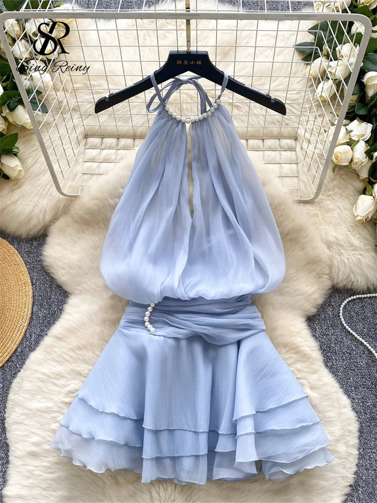 SINGREINY Strap Chiffon Mini Dress Female Pearl Halter Sleeveless Backless Sexy Design Fairycore Vacation Summer Ruffles Dress