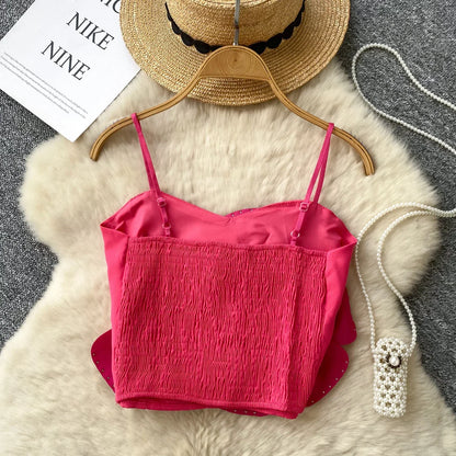 New French Sweet Strap Camisole Strapless 3D Floral Beading Diamonds Design Tops Elastic Ruched Slim Streetwear Tank Top