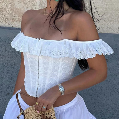 White Lace Ruffle Corset Short Vest For Women Elegant Backless Off Shoulder Cropped Shirts Female Summer Party Club Tops