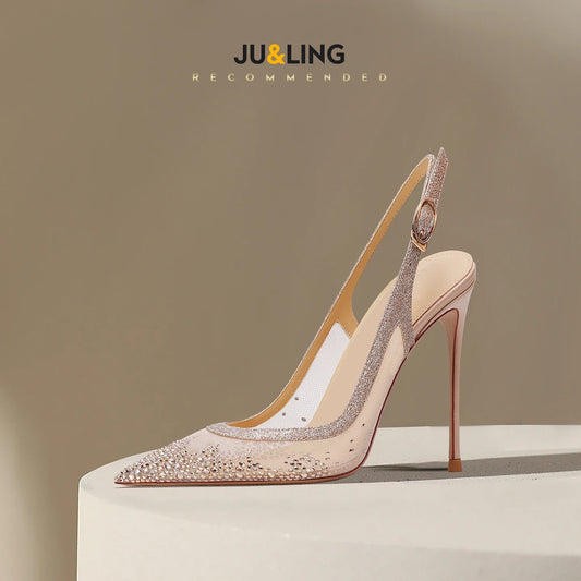 New Baotou sexy sandals with one buckle and summer mesh, rhinestone high heels for women, slim heels, shallow mouth