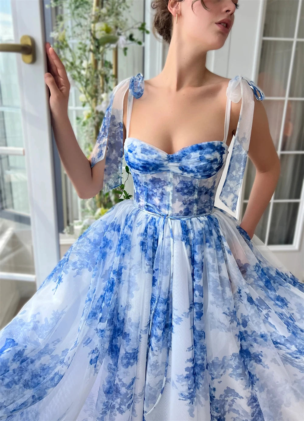 Customized Floral Print Prom Dresses Tea Length Sweetheart Tie Straps Tulle Fairy Dress Cocktail Formal Party Gowns