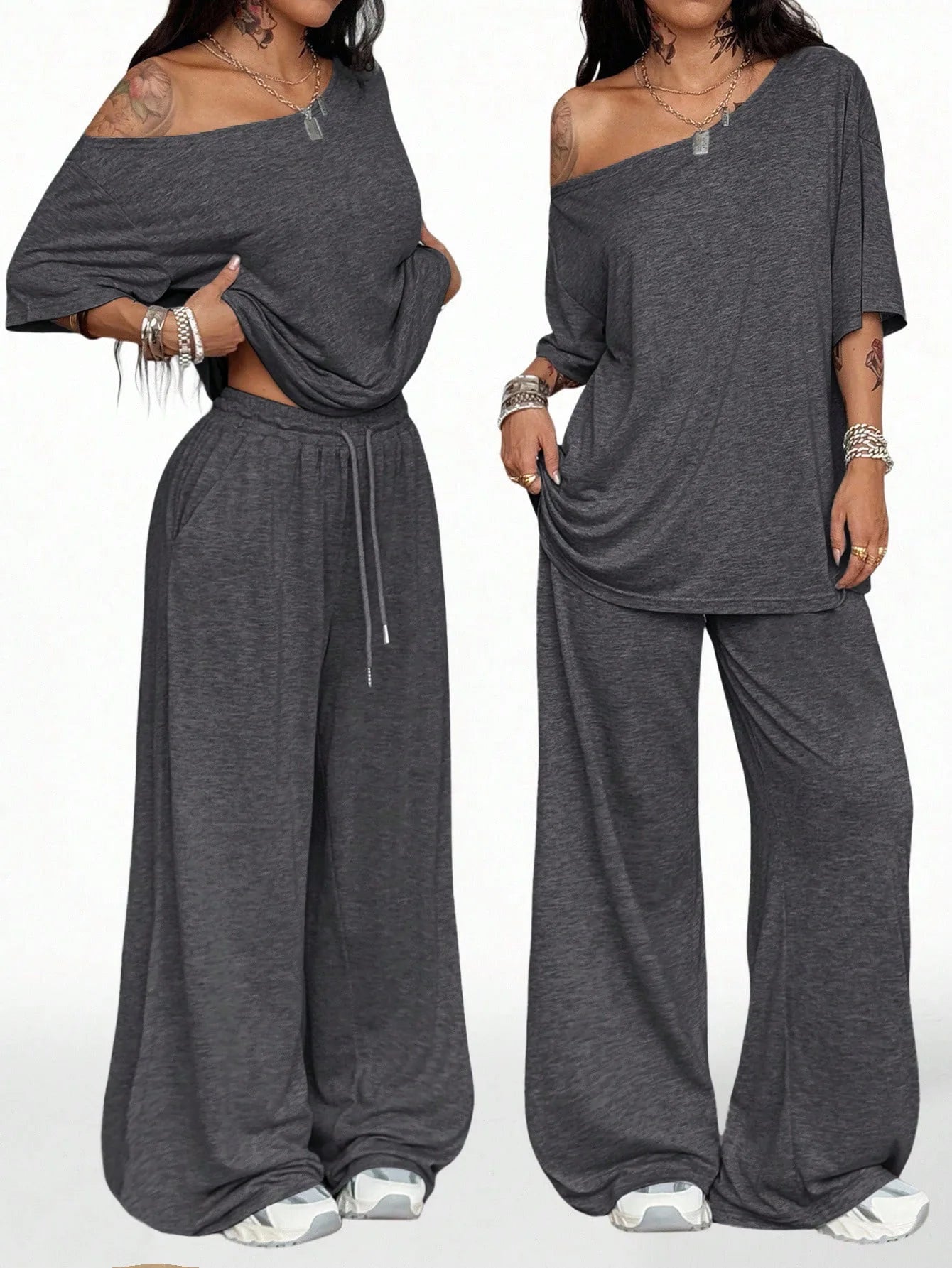 Women's Casual Solid Color Sports Two-Piece Loose Fit Pants Set with Slanted Hem and Wide Leg Design for Spring and Autumn