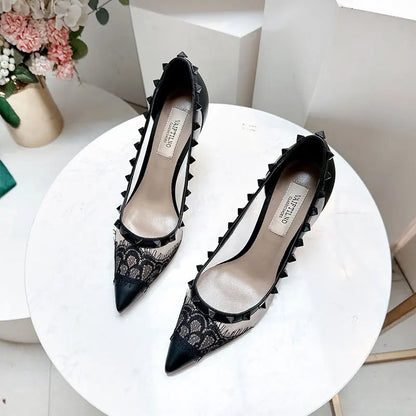 V-Home Mandarin Orange High Heels Lace Mesh Rivet Pointed Toe Versatile Single Shoes Women Summer Fashionable Elegant
