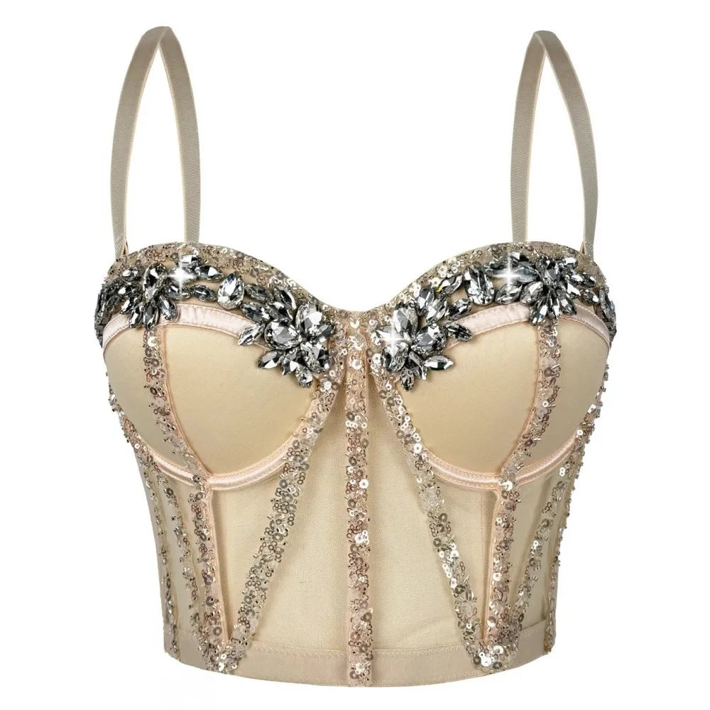 Rhinestones Female Corset Top Women Camis Nightclub Pearls Short Chest Binder Sexy Camisole Mujer Lingerie Tube Bra Debardeur