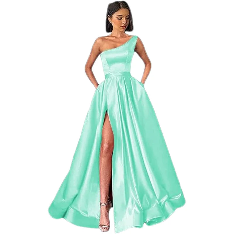 Customized Women's One Shoulder Prom Dresses Long Ball Gown High Slit Satin Corset Formal Dress Evening Gowns with Pockets