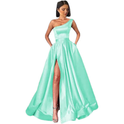 Customized Women's One Shoulder Prom Dresses Long Ball Gown High Slit Satin Corset Formal Dress Evening Gowns with Pockets