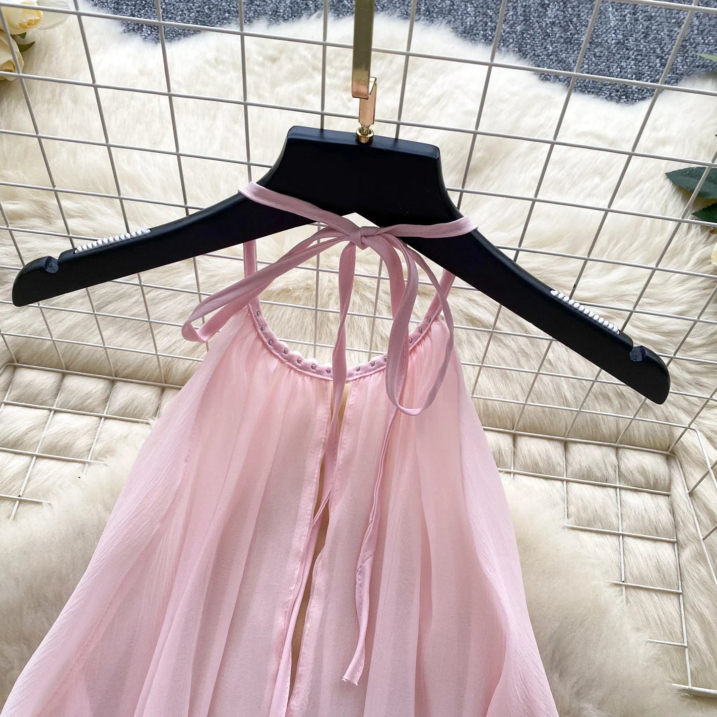 SINGREINY Strap Chiffon Mini Dress Female Pearl Halter Sleeveless Backless Sexy Design Fairycore Vacation Summer Ruffles Dress