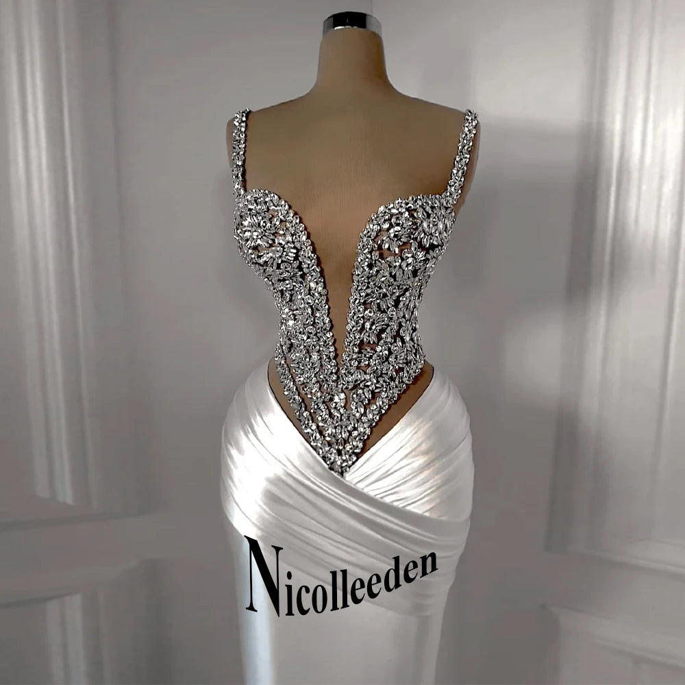 Nicolle Charming Spaghetti Straps Evening Dresses for Women Rhinestones Pageant Celebrity Dresses Vestidos De Gala Customized