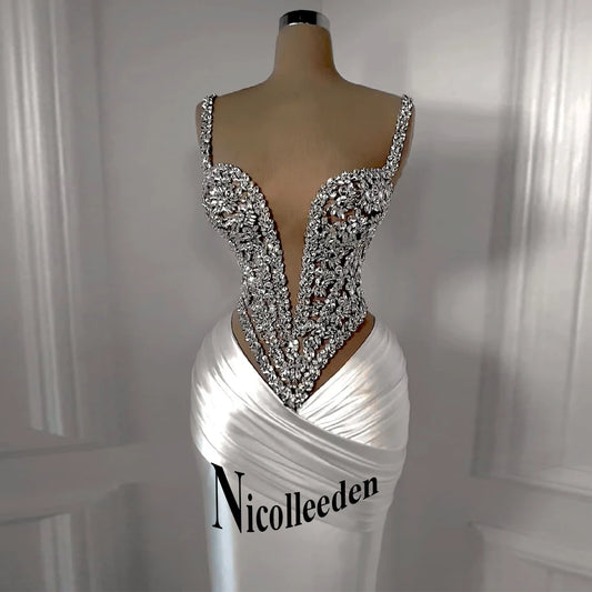 Nicolle Charming Spaghetti Straps Evening Dresses for Women Rhinestones Pageant Celebrity Dresses Vestidos De Gala Customized